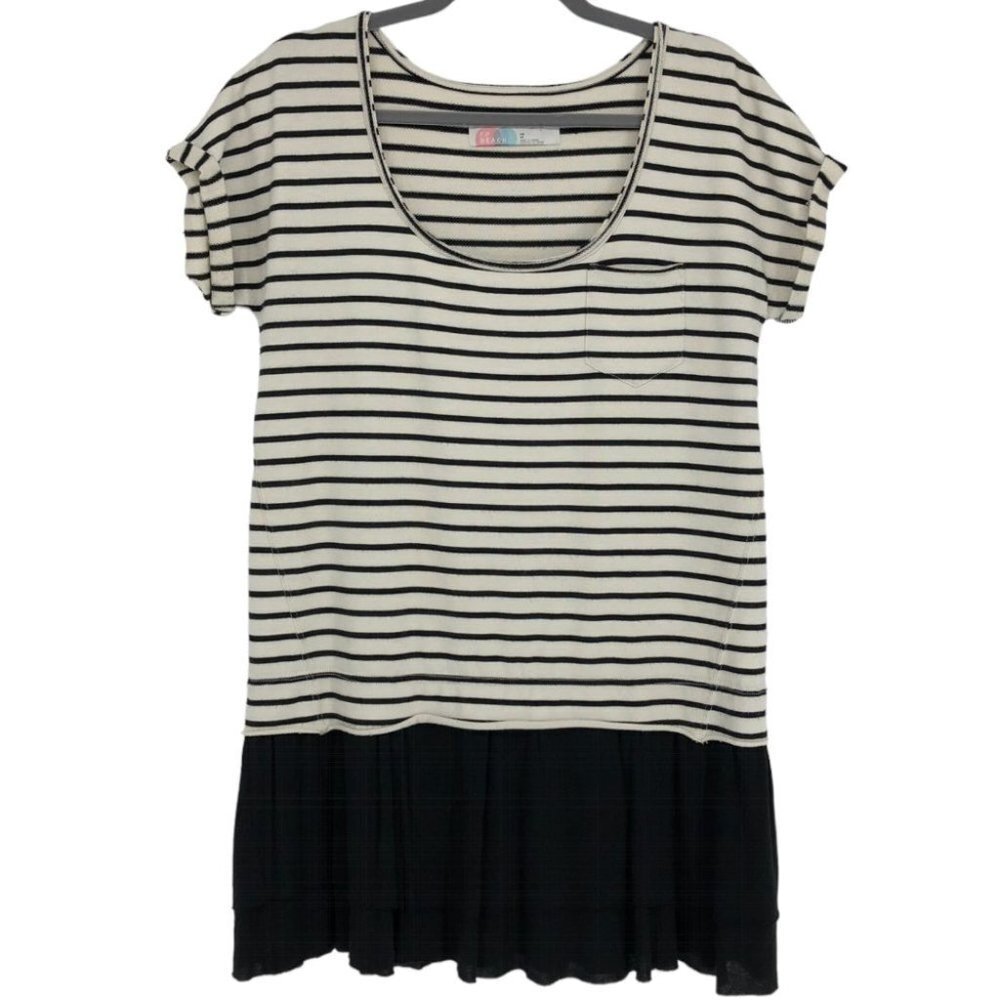 Free People Beach Striped ShortSleeve RoundNeck Top w Black Ruffle Peplum Hem XS